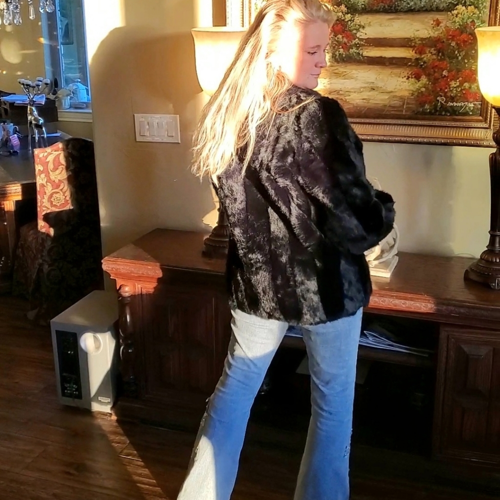 Black Striped Rabbit Fur Jacket - Picture 16 of 17
